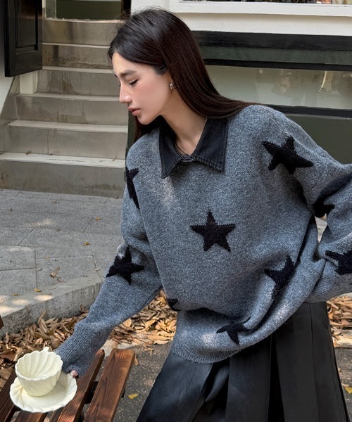 LACーVERT ニット セーター 「つけ襟セット」 バイカラーチェリー/星柄
