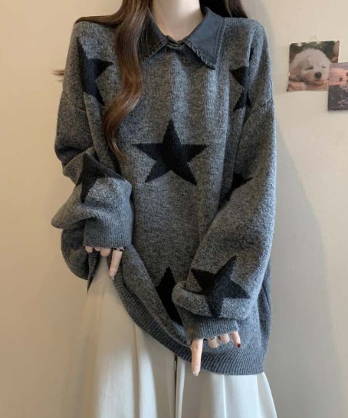 LACーVERT ニット セーター 「つけ襟セット」 バイカラーチェリー/星柄