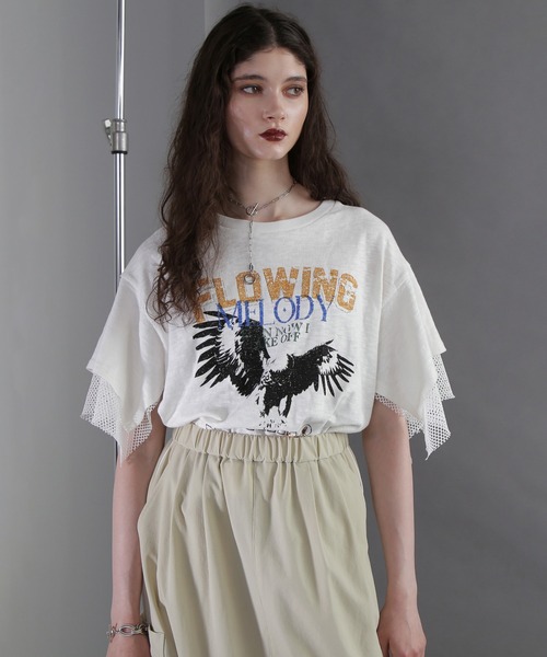tシャツ (OKIRAKU×ROSEBUD)メッシュレイヤード スリーブ Tシャツ レディース