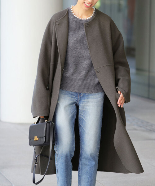 IENA（イエナ） ノーカラーコート 38 チャコールグレー レディース