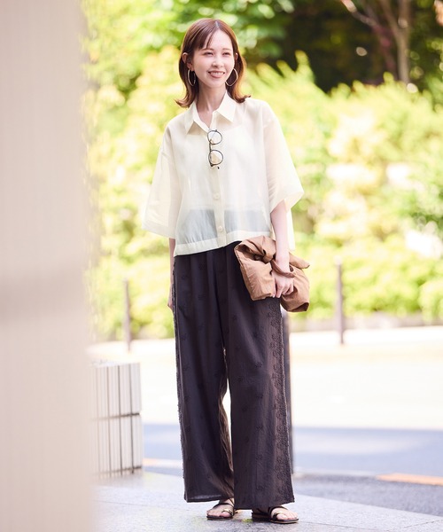 シャツ/ブラウス(長袖/七分) Cotton-blend Voile Sheer Shirt COFREX】 スタンド ビジューブラウス 七分袖 レディースデザインシャツ