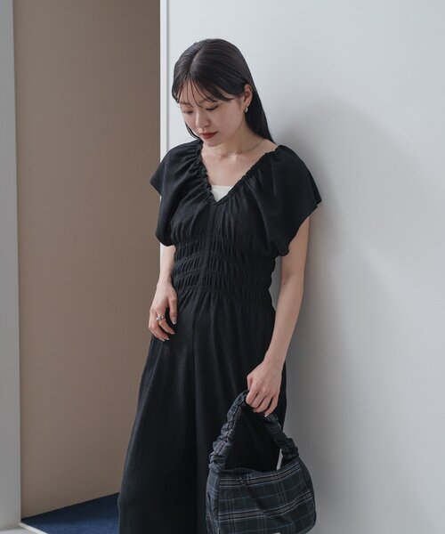 Kastane シャーリングイージーオールインワン ブラック Kastane サロペット オーバーオール 「低身長サイズ/WEB限定