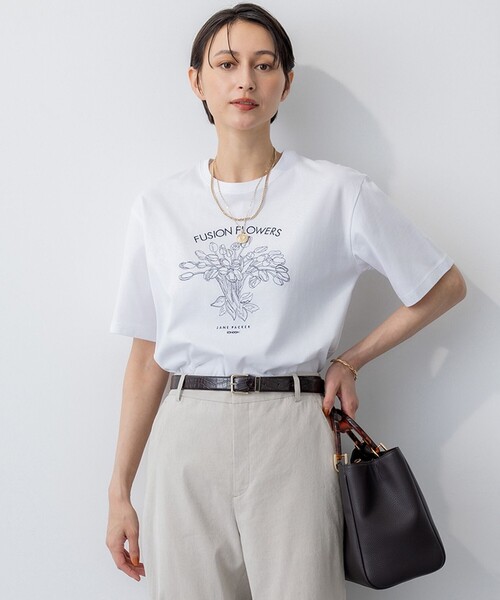tシャツ 「洗える」JANE PACKERコラボ フラワー刺繍 Tシャツ