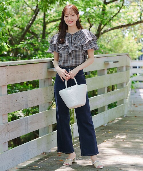 45R チェック柄フリルシャツ 長袖 ブラック・ホワイト チュニック 45Rインドネルのフリルチュニック: WOMEN｜45R