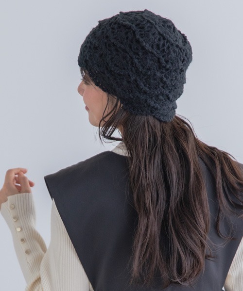 新品クロシェ編み鍵編みウールニット帽ブラック黒イスラーワッチ温かいユニセックス polcadot（ポルカドット） ニット帽 ニットキャップ クロッシェニット