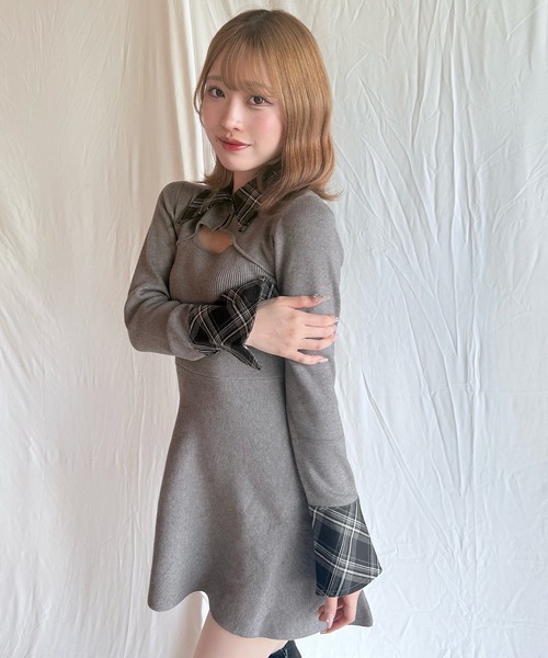 グレー ニット ミニワンピース 長袖　NOMAE one way NOMAE（ノーマエ） ワンピース チェックカラーミニニットワンピース