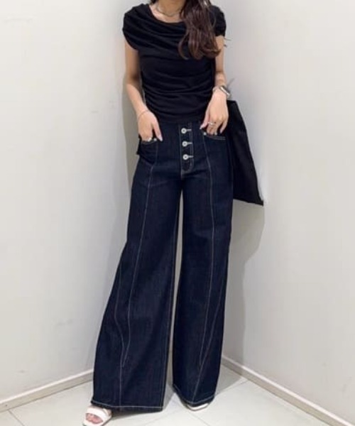rienda★フロントボタンデザインハイウエストデニムパンツ フロントボタンデザインハイウエストデニムパンツ 夏服（デニム