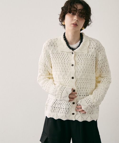 LEINWANDE アイボリー レース編み 切り替えニットカーディガン LEINWANDE アイボリー レース編み 切り替えニットカーディガン - メルカリ