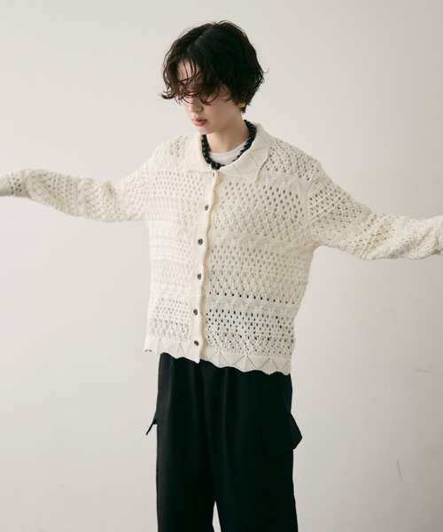Trish（トリッシュ） カーディガン ポロ襟レース編みニットカーデ