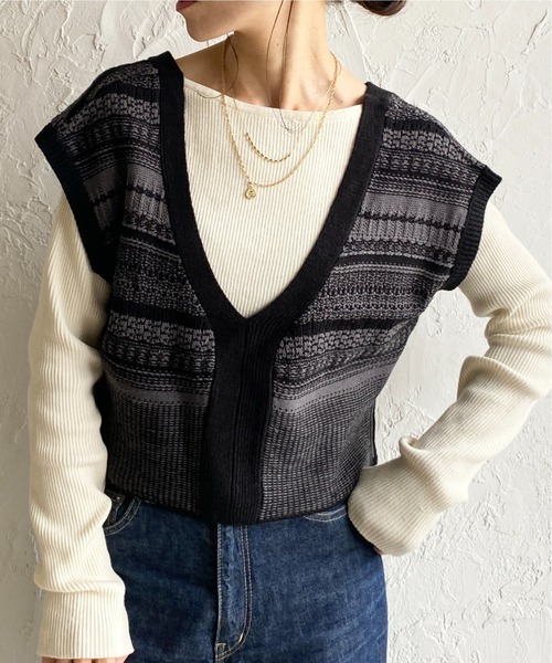 She's Closet ベスト ジレ 深Vネック配色ジャガード柄ショートニット