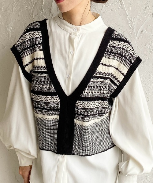She's Closet ベスト ジレ 深Vネック配色ジャガード柄ショートニット