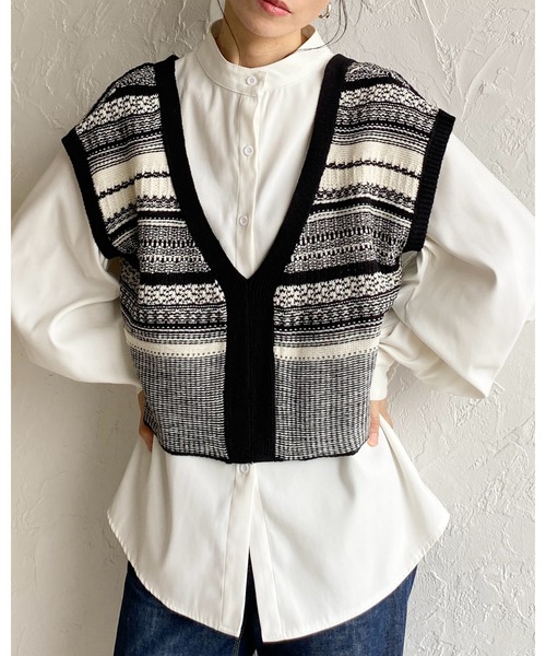 She's Closet ベスト ジレ 深Vネック配色ジャガード柄ショートニット