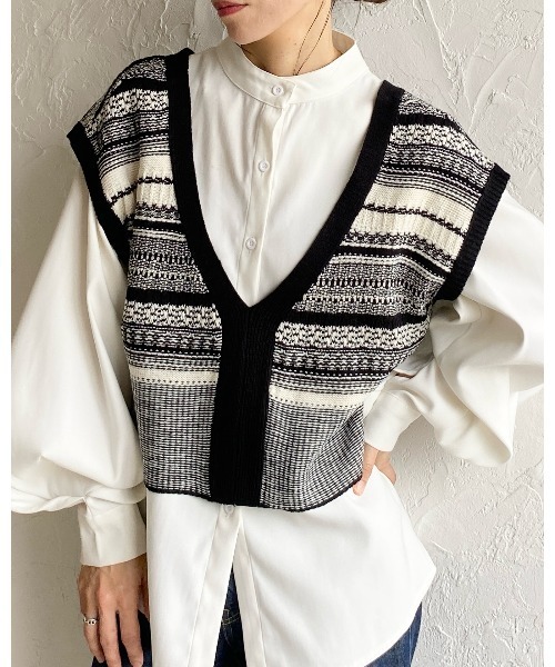 She's Closet ベスト ジレ 深Vネック配色ジャガード柄ショートニット