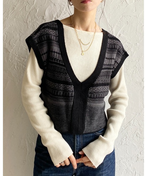 She's Closet ベスト ジレ 深Vネック配色ジャガード柄ショートニット
