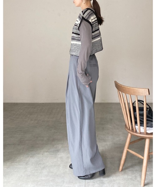 She's Closet ベスト ジレ 深Vネック配色ジャガード柄ショートニット