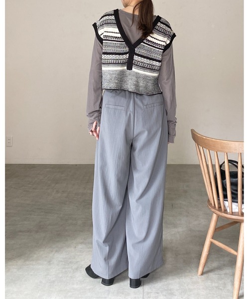 She's Closet ベスト ジレ 深Vネック配色ジャガード柄ショートニット