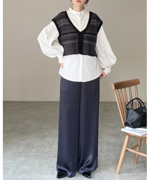 She's Closet ベスト ジレ 深Vネック配色ジャガード柄ショートニット
