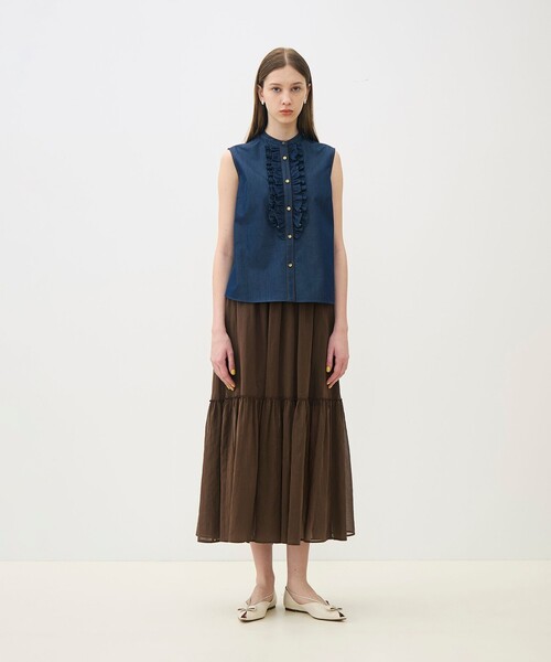 ブラウス シャツ コットンシルクデニム ラッフルスリーブレスブラウス レディースの画像