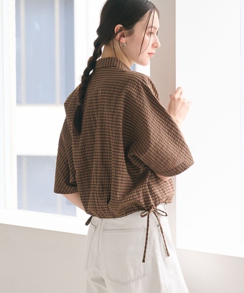 ブラウス シャツ チェック ドローストリング シャツ ウォッシャブル レディースの画像