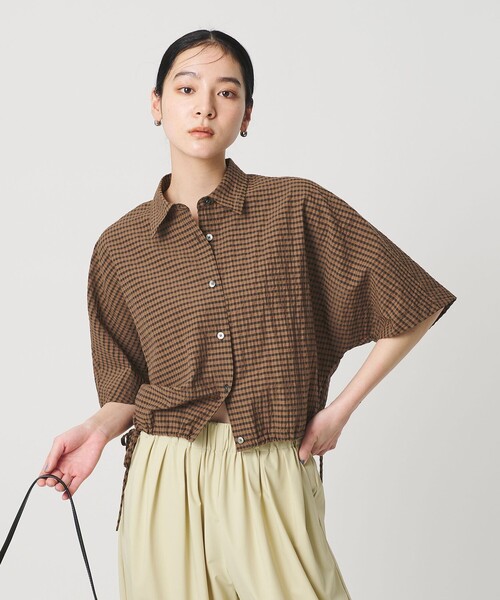 ブラウス シャツ チェック ドローストリング シャツ ウォッシャブル レディースの画像