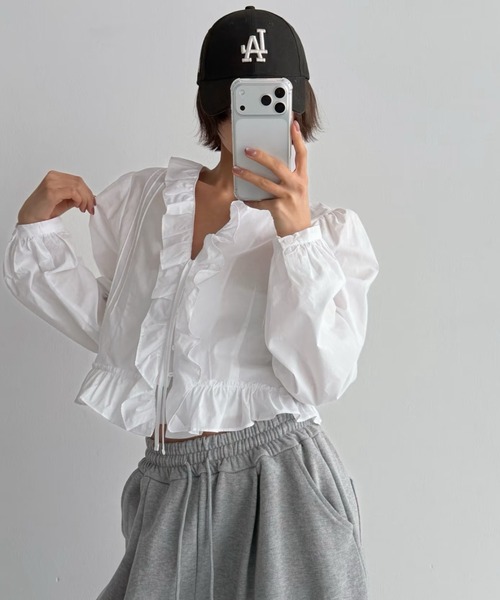 ブラウス シャツ ショート丈フリルブラウス レディース : ZOZOTOWN 