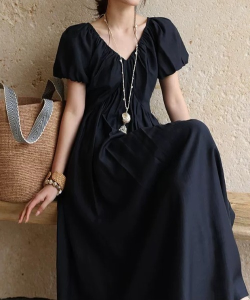 FAVORITO ワンピース 半袖 Vネックパフスリーブワンピース : ZOZOTOWN