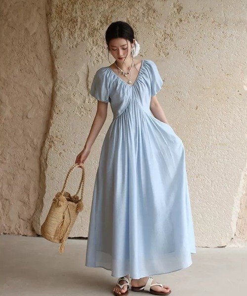 FAVORITO ワンピース 半袖 Vネックパフスリーブワンピース : ZOZOTOWN