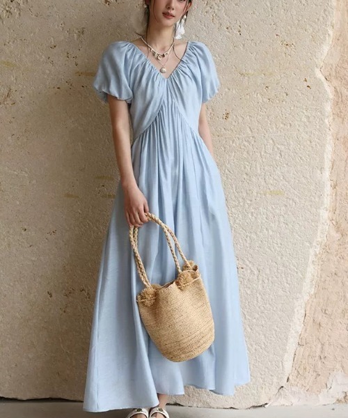 FAVORITO ワンピース 半袖 Vネックパフスリーブワンピース : ZOZOTOWN