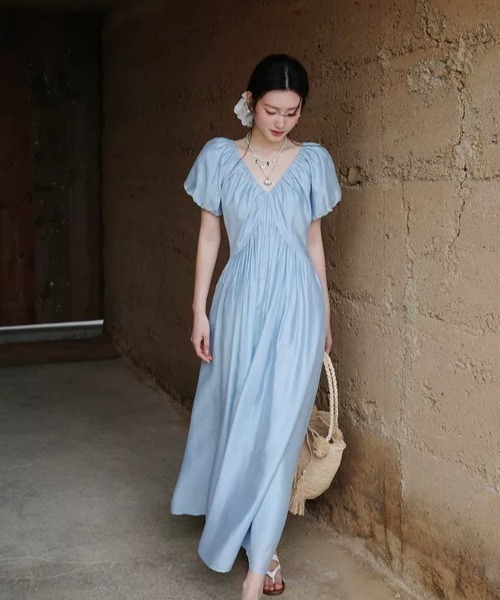 FAVORITO ワンピース 半袖 Vネックパフスリーブワンピース : ZOZOTOWN
