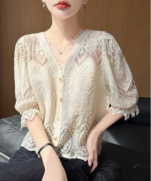 【値下げ】LOUNIE レース 半袖 カーディガン ホワイト ＆soiree（アンドソワレ） カーディガン 半袖 総レースVネック5分袖