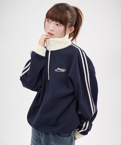 トレーナー スウェット オーバーサイズサイドラインハーフジップ プル