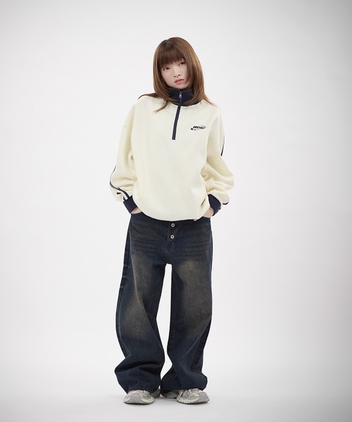 トレーナー スウェット オーバーサイズサイドラインハーフジップ プル