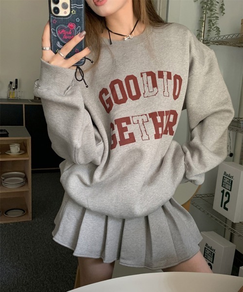 アンサンブル 「裏起毛」ロゴ刺繍オフショルスウェット＋プリーツスカートセットアップ by muni:r ワンピース 「裏起毛」カジュアルスウェット＋