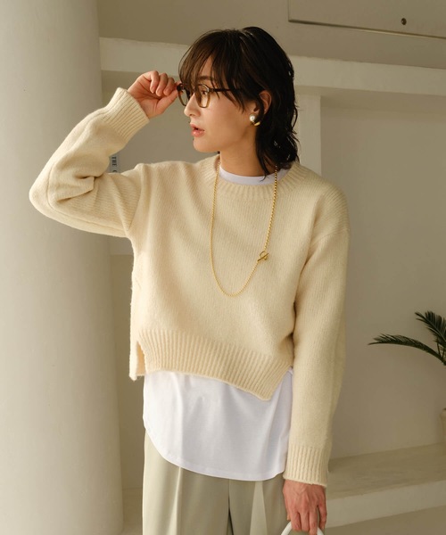 Mia ニット セーター デザインスリットクルーネックニット レディース