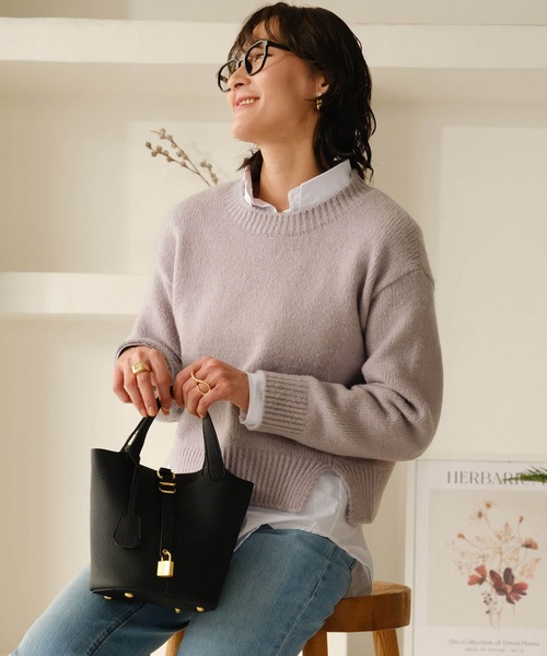 Mia ニット セーター デザインスリットクルーネックニット レディース