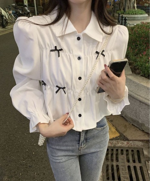 ブラウス シャツ 襟付き ギャザー リボン レディース : ZOZOTOWN Yahoo