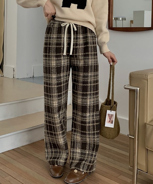 2ly2 パンツ カジュアルチェック柄裏起毛ストレートパンツ レディース