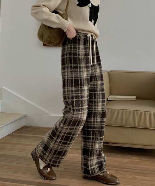 2ly2 パンツ カジュアルチェック柄裏起毛ストレートパンツ レディース