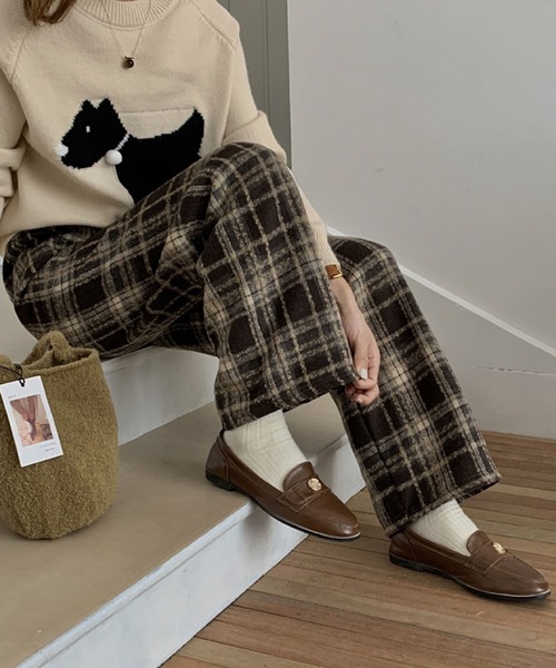 2ly2 パンツ カジュアルチェック柄裏起毛ストレートパンツ レディース