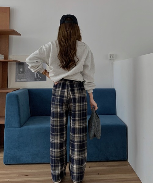 2ly2 パンツ カジュアルチェック柄裏起毛ストレートパンツ レディース
