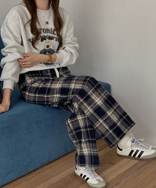 2ly2 パンツ カジュアルチェック柄裏起毛ストレートパンツ レディース