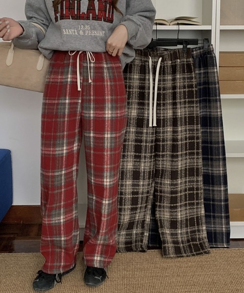 【12/31まで年末SALE】CABaN タータンチェックストレートパンツ 2ly2 パンツ カジュアルチェック柄裏起毛ストレートパンツ レディース