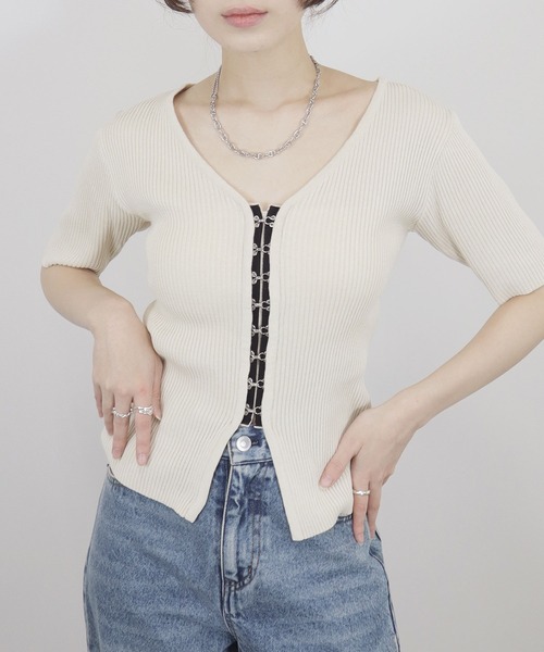 tシャツ フロントホック半袖トップス／front hook half sleeve top リブニット カーディガン シンプル 大人カジュアル 韓国フ