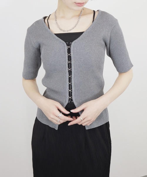 【未使用】Theory Project 半袖 リブニット トップス　グレー Reurie'（レウリィ） tシャツ 半袖 フロントホック半袖トップス
