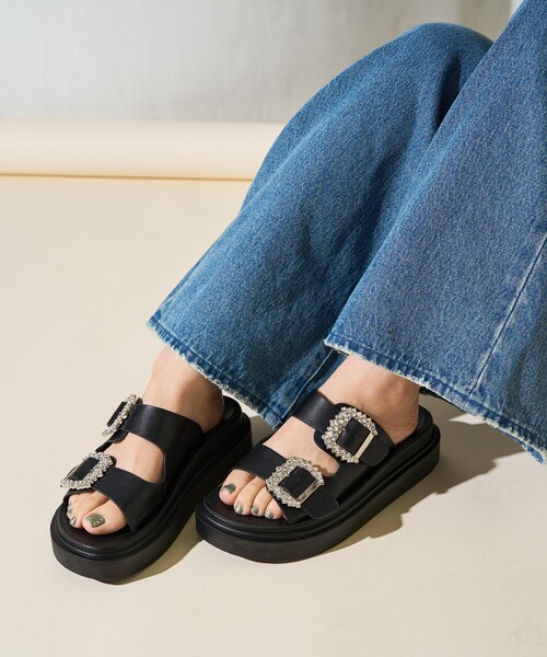 宝石サンダル ビジューサンダル 厚底 B3818 ラインストーン付きストラップサンダル 厚底 フラット ビジュー