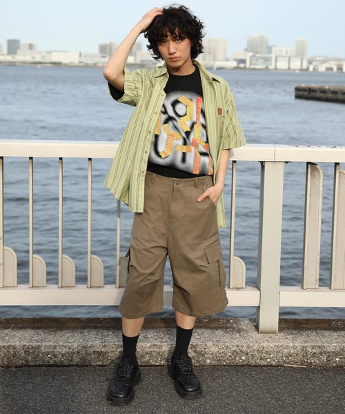 シャツ HOOK -original- 古着風ストライプ総柄半袖ビッグシャツ メンズ