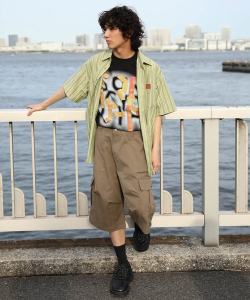 希少　D&G トップス　総柄　古着　レトロ シャツ HOOK -original- 古着風ストライプ総柄半袖ビッグシャツ メンズ