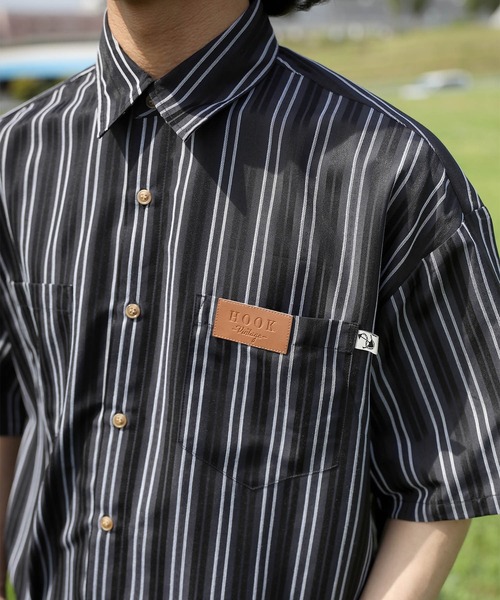 シャツ HOOK -original- 古着風ストライプ総柄半袖ビッグシャツ (SS