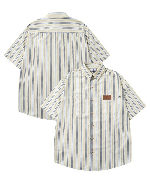 【個性派古着】日本製 総柄シャツ オリエンタル調 レトロ 古着女子 一点物 シャツ HOOK -original- 古着風ストライプ総柄半袖ビッグシャツ (SS