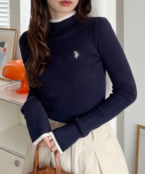 ニット セーター 「Ada.別注 U.S. POLO ASSN」配色デザイン コンパクト ぷちハイネック ニット レディース